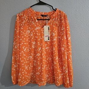 Vibrant Orange Dokotoo Women's Blouse with‎ White Pattern, NWT, Size M